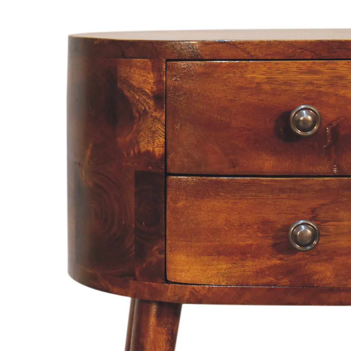 Artisan Furniture Mini Rounded Bedside Table with 2 Drawers – Solid Mango Wood, Chestnut Finish, Brown