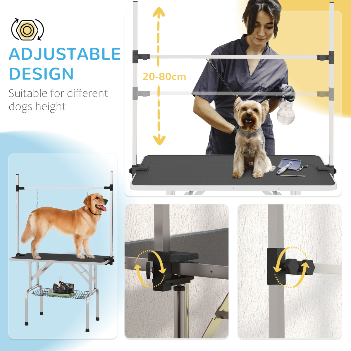 Pawhut Adjustable Dog Grooming Table with Two Safety Slings and Mesh Basket – Foldable Metal Frame, Black