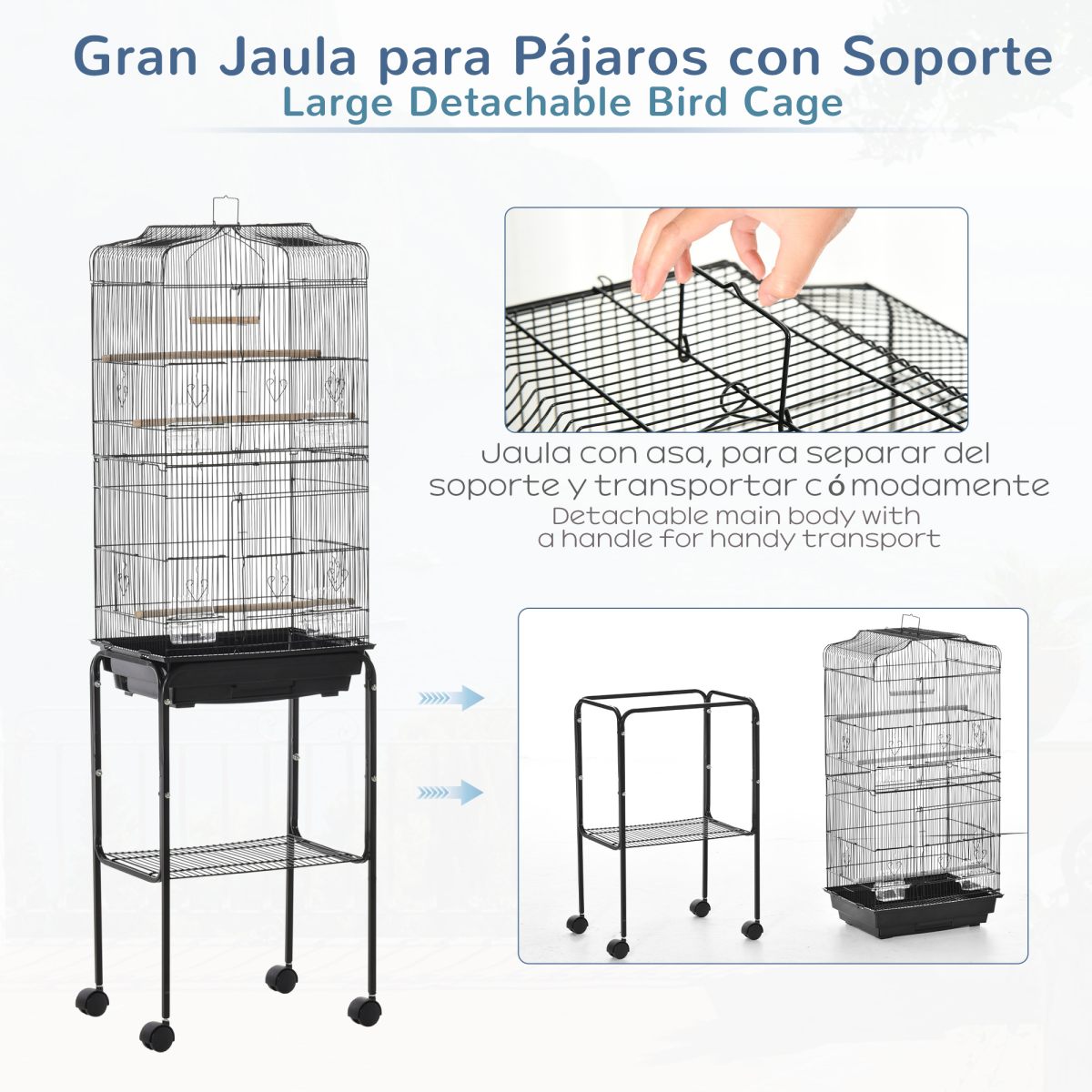 Pawhut Metal Budgie Bird Cage with Rolling Stand, Slide-out Tray and Storage Basket – Small Bird Cage, Black
