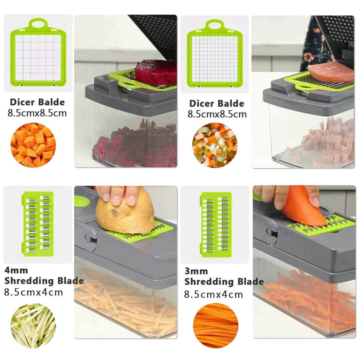 15-in-1 Vegetable Fruit Chopper with 1.5L Container & Drain Basket – Onion Dicer, Kitchen Slicer, Green & Grey