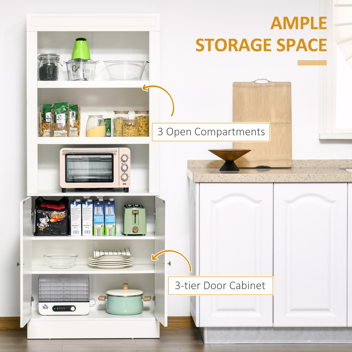 HOMCOM White Kitchen Cupboard Sideboard with 6-Tier Shelving & Double Doors – Storage Cabinet