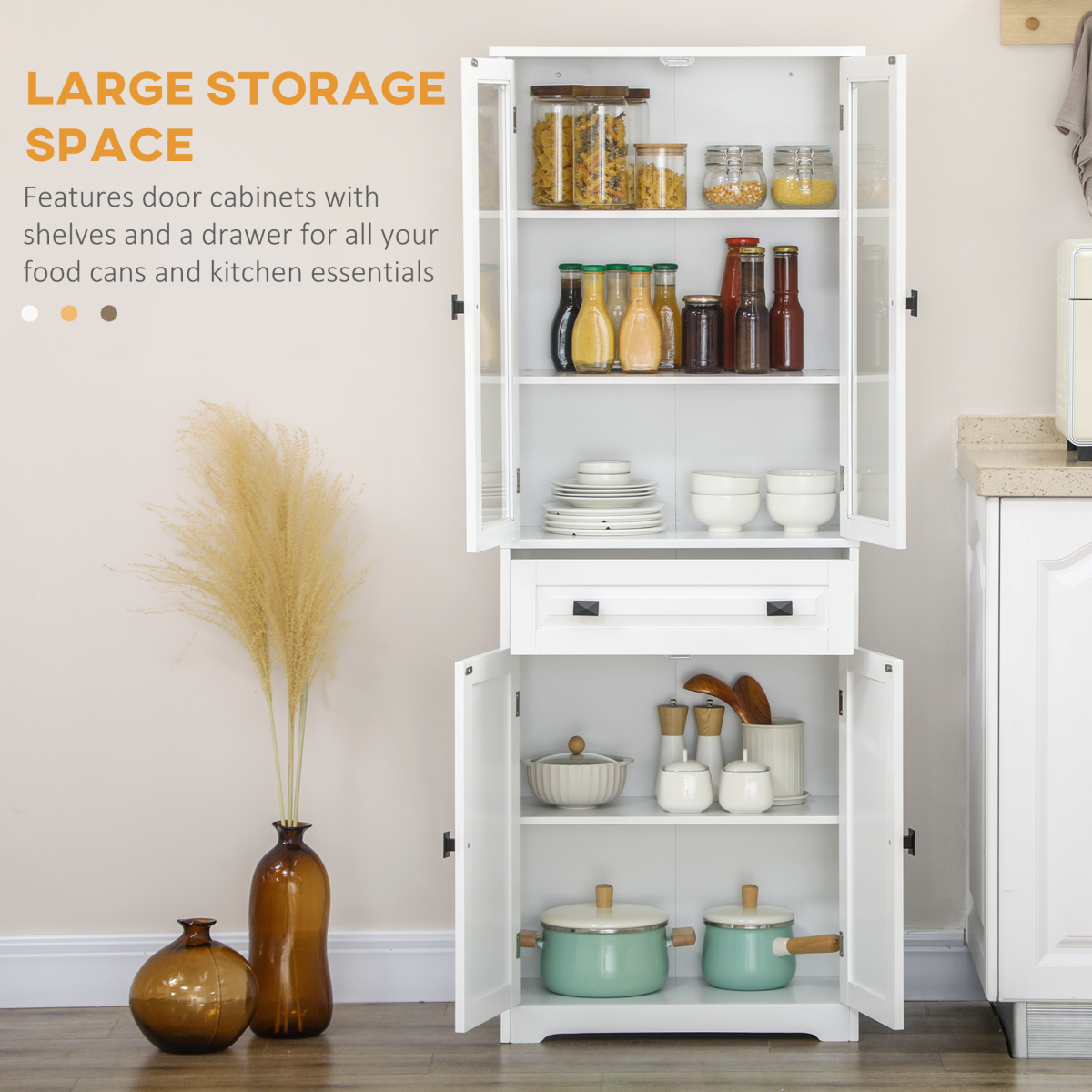 HOMCOM 160cm Kitchen Cupboard Storage Cabinet with Glass Door, Drawer & Adjustable Shelves – Pantry Unit