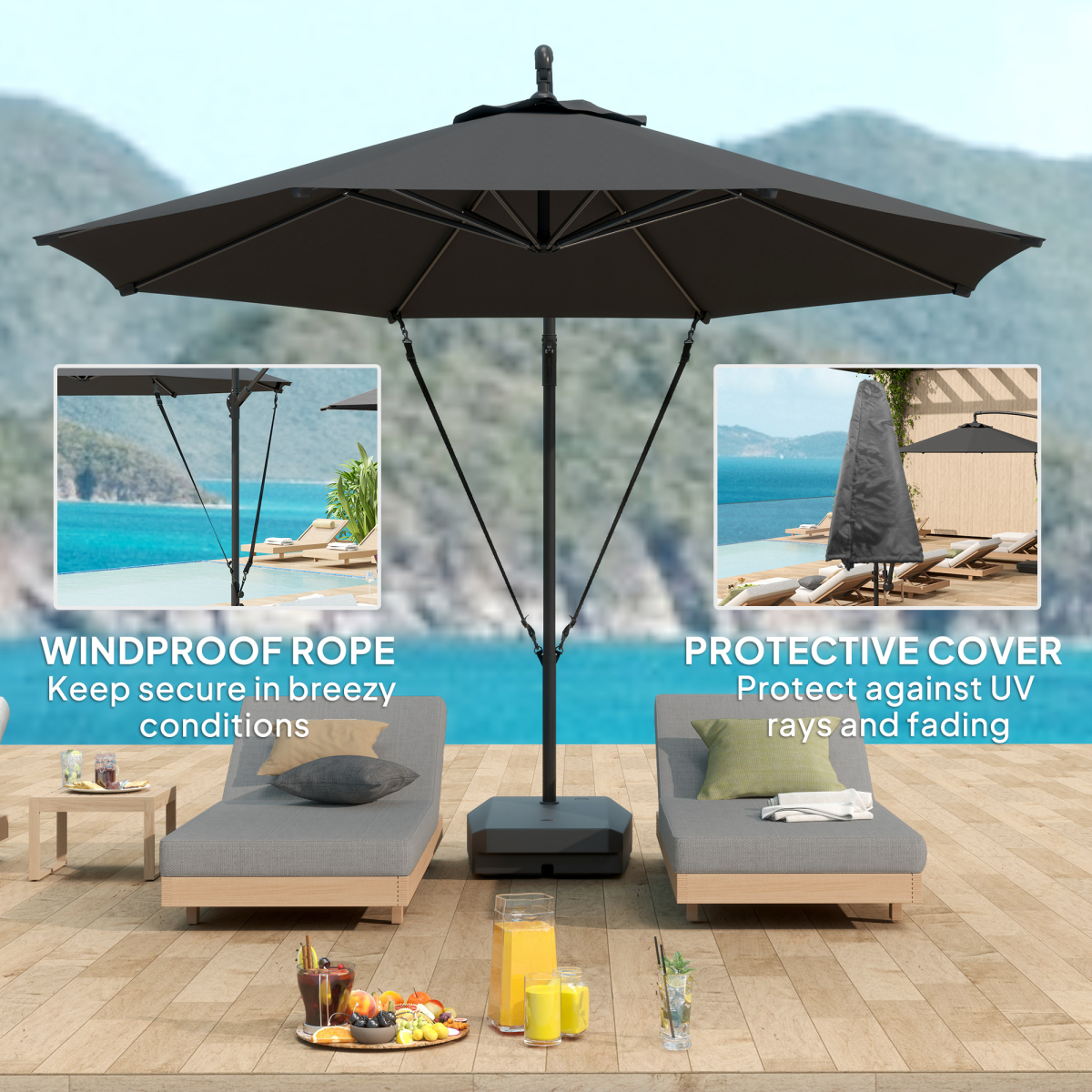 Outsunny 360° Rotating Patio Parasol with UV50+ Canopy, Wind Straps & Wheeled Weighted Base – Dark Grey