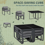 Outsunny 8-Seater Garden Dining Cube Set with Glass Table, 4 Armchairs & 4 Footstools – Cushioned, Grey