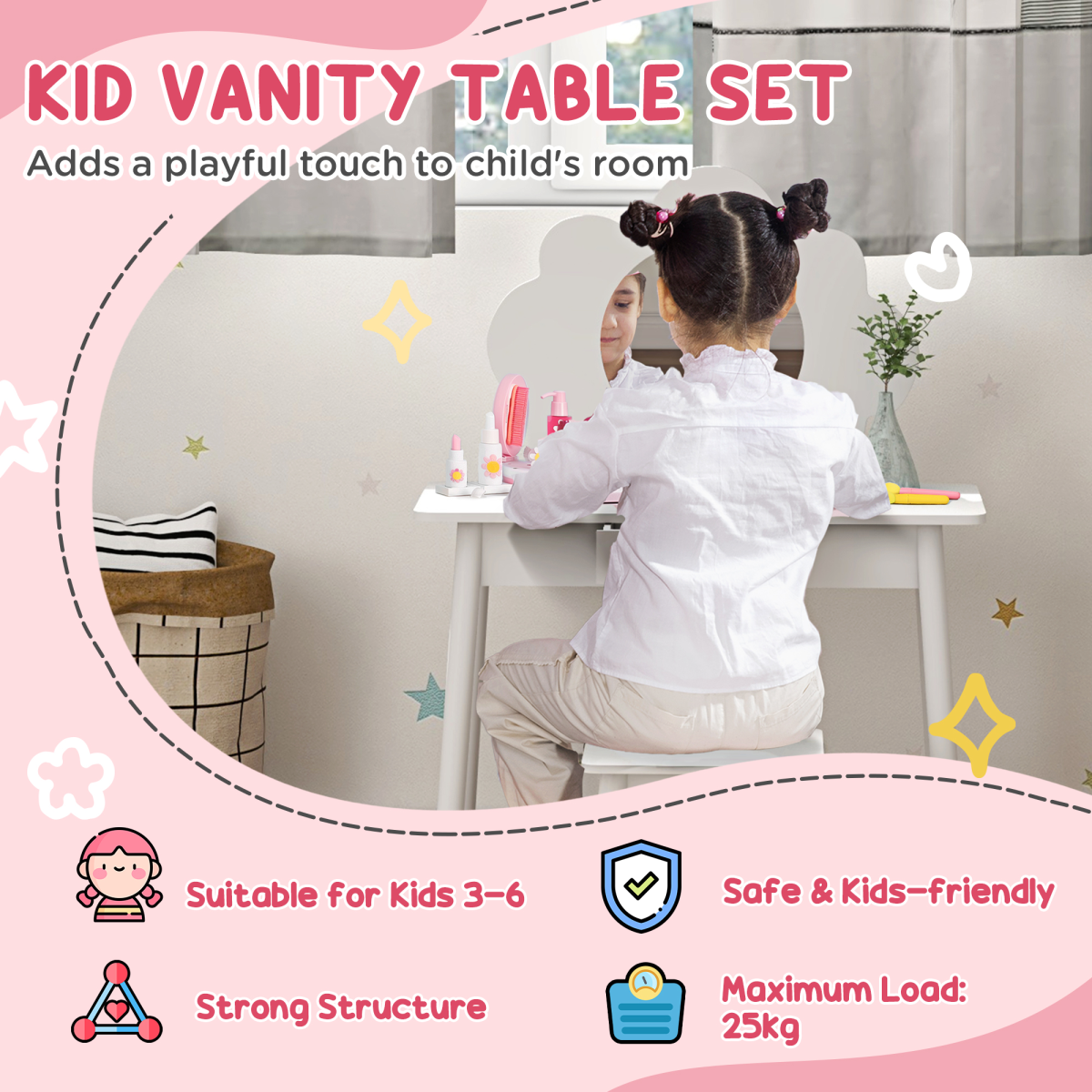 AIYAPLAY Kids Dressing Table with Mirror, Stool and Storage Drawer – Cloud Design Play Vanity Set, White