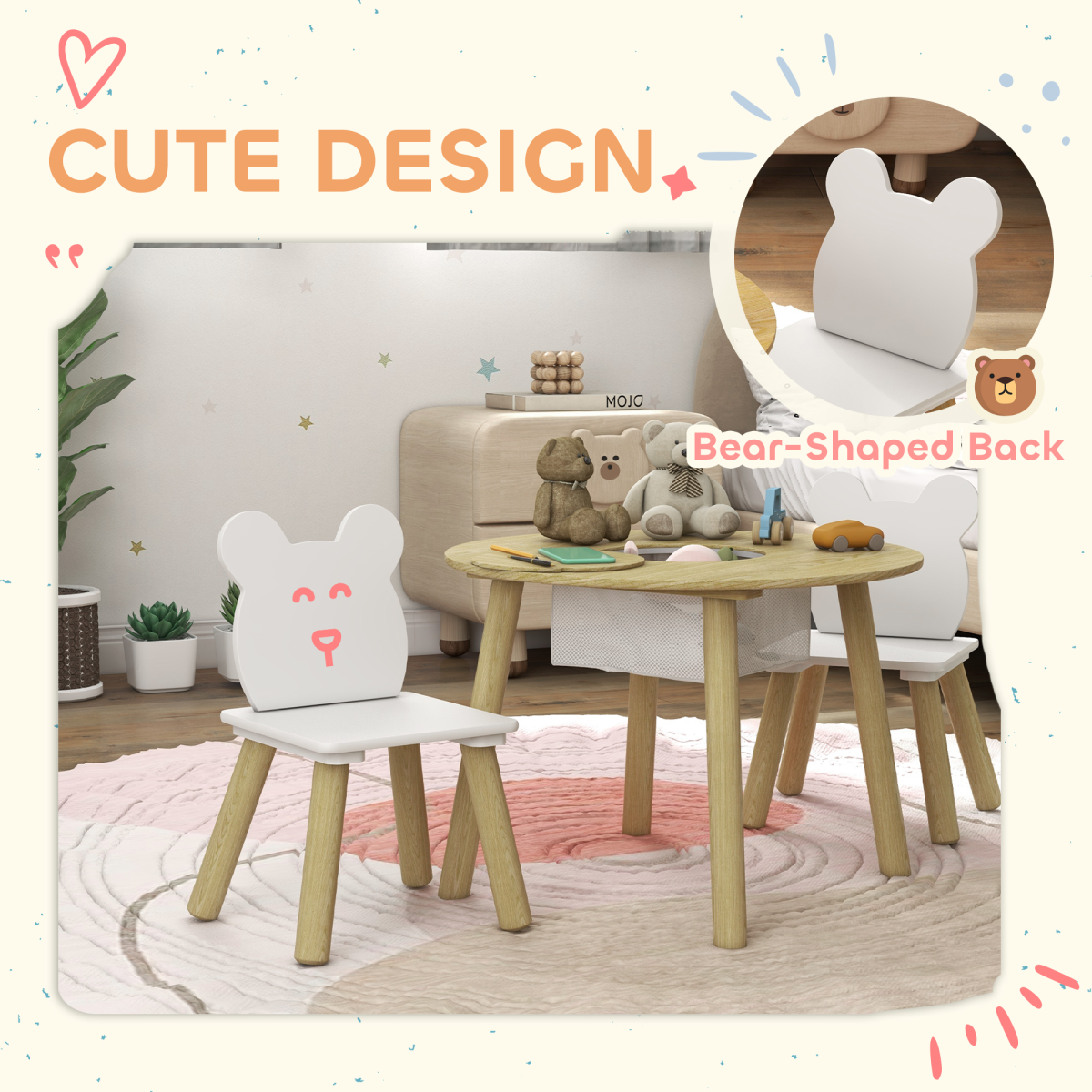 AIYAPLAY 3-Piece Toddler Table and Chair Set with Centre Mesh Bag – Bear Backrests, White and Natural Wood