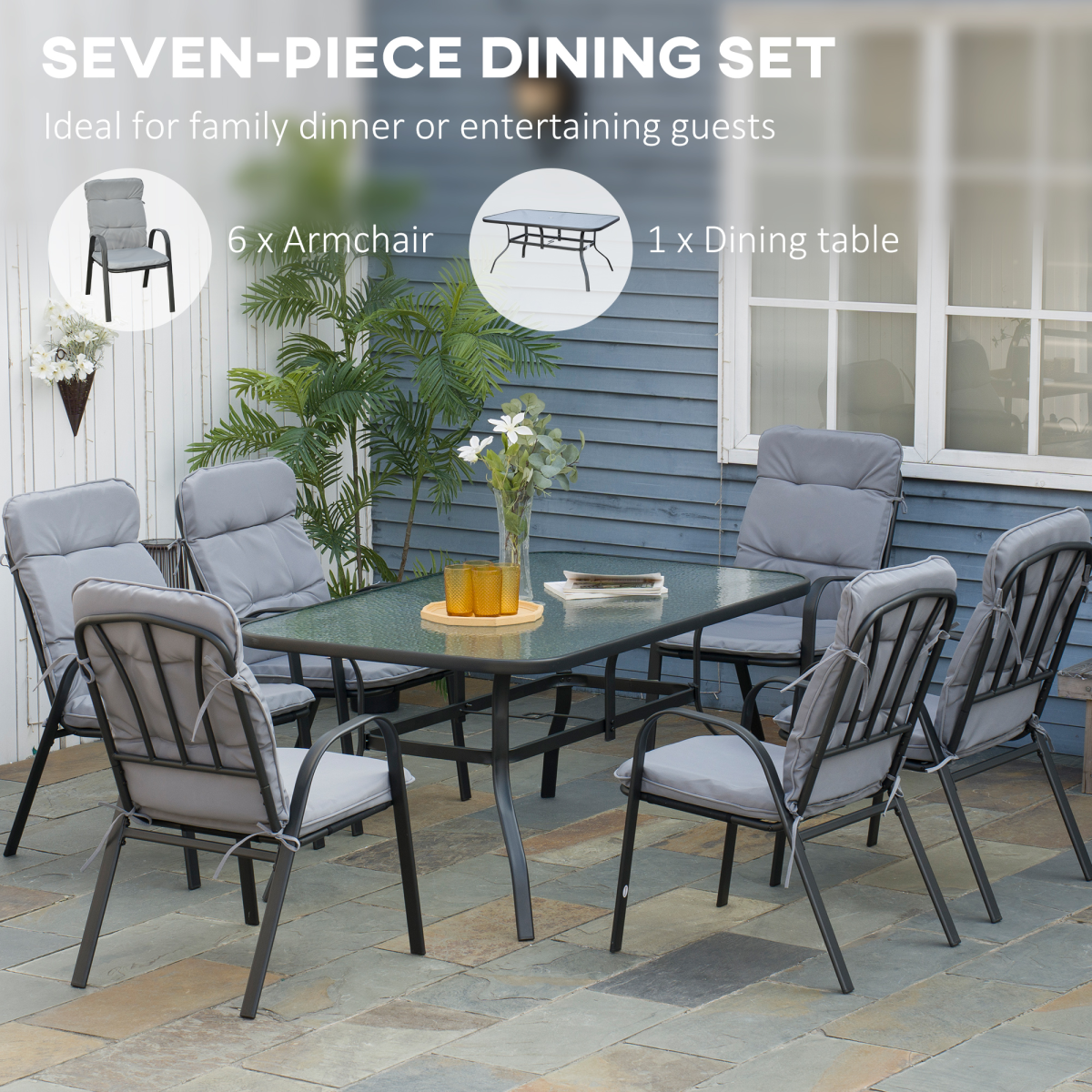 Outsunny 7-Piece Garden Dining Set with Glass-Top Table, Umbrella Hole & Cushioned Chairs – Steel Frame, Black