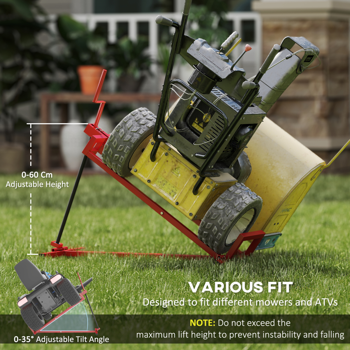 HOMCOM Foldable Ride-On Lawn Mower Lift, 400kg Capacity – Telescopic Maintenance Jack for Mowers & ATVs, Red