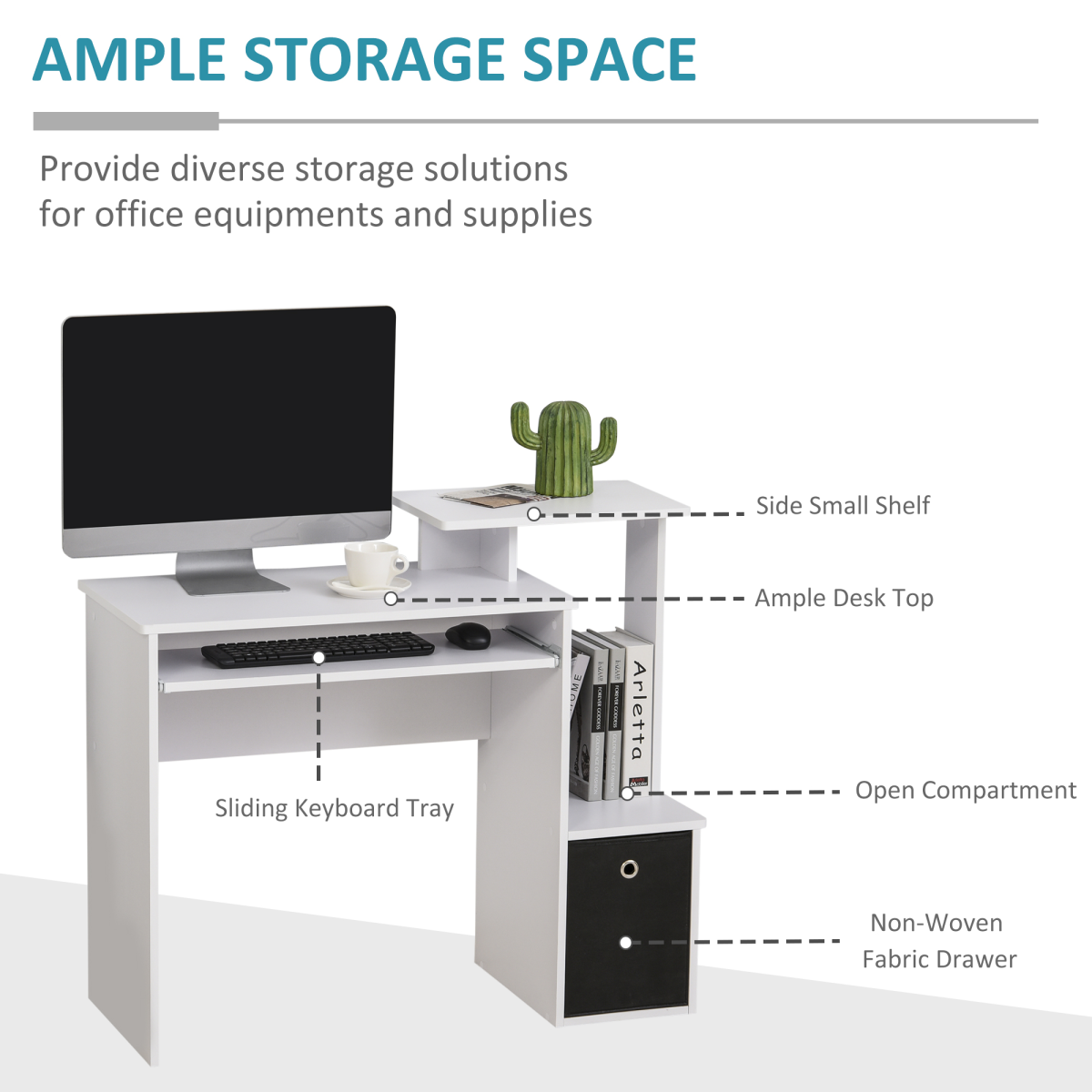 HOMCOM Computer Desk with Sliding Keyboard Tray, Drawer and Shelf – Compact Home Office Workstation, White