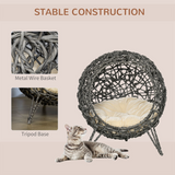 PawHut Elevated Rattan Cat House with Cushion – Kitten Basket Pet Bed with Door, Silver-Tone and Grey