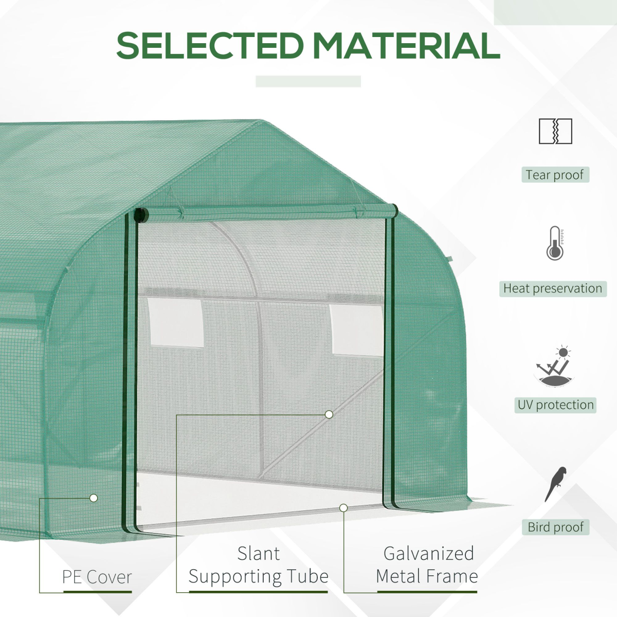 Outsunny 4.47 x 3 x 2m Walk-in Polytunnel Greenhouse with PE Cover, Zipped Door & 6 Mesh Windows, Green