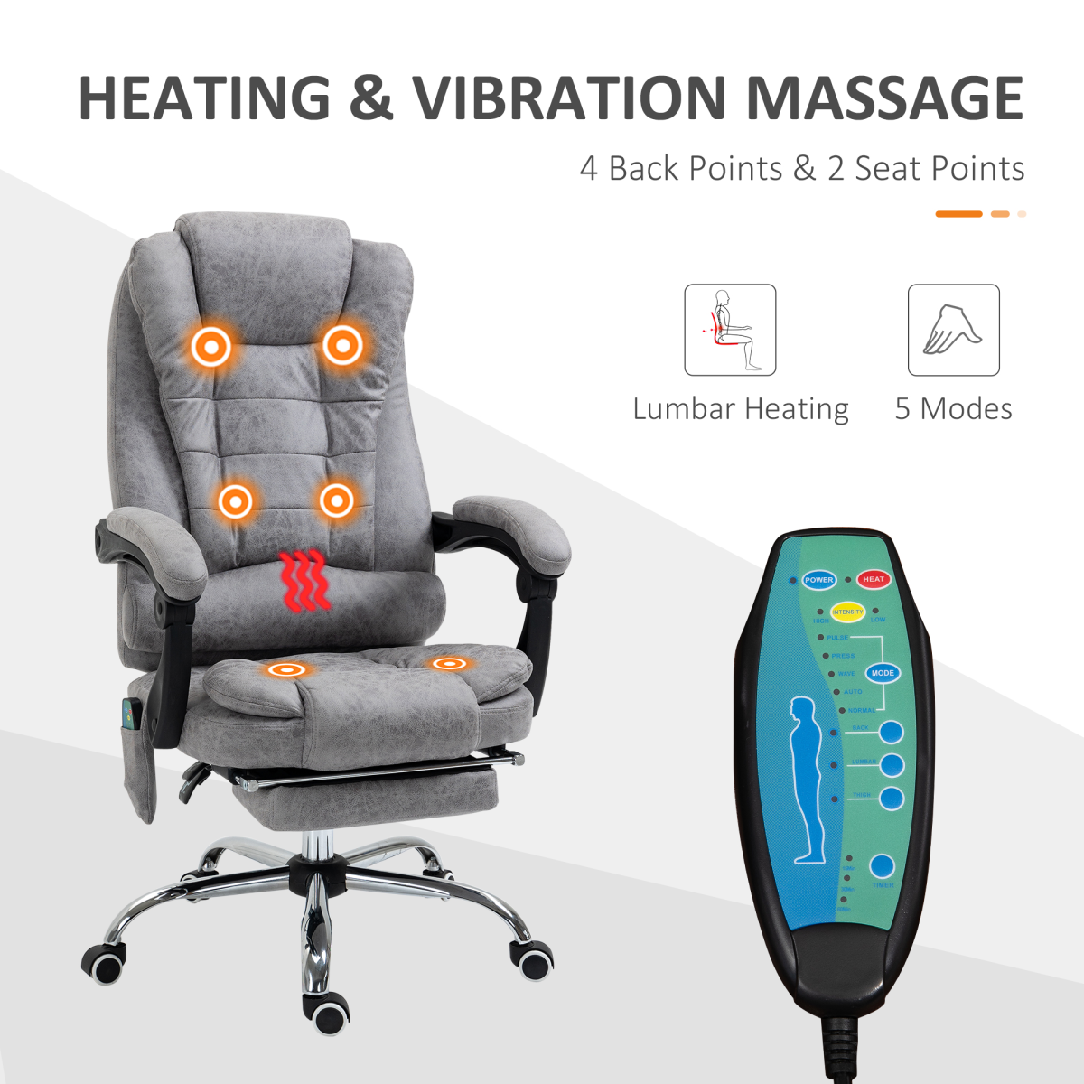 Vinsetto Heated Massage Office Chair with 6 Vibration Points & Footrest – Reclining Home Office Chair, Grey