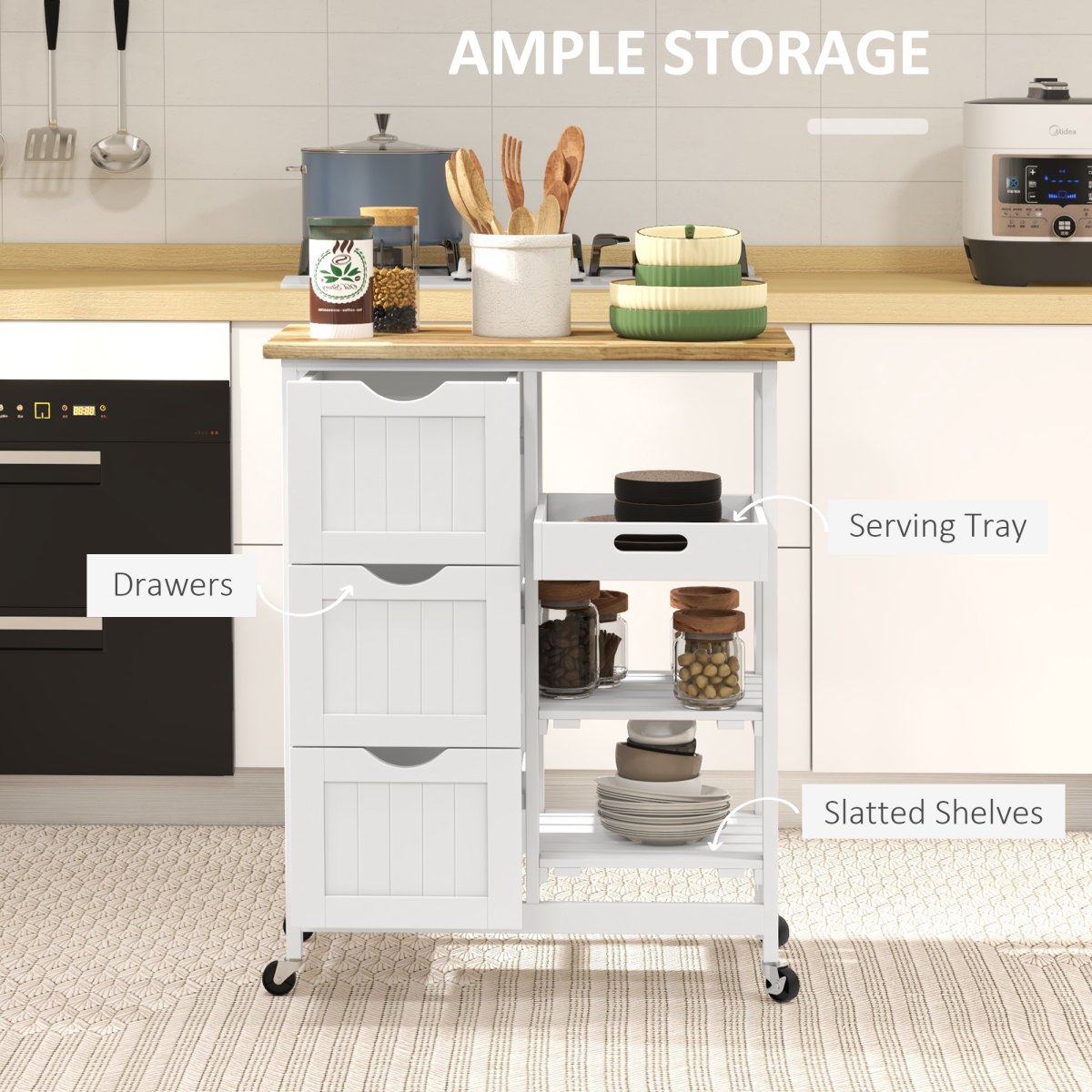 HOMCOM Rolling Kitchen Island & Bar Serving Cart with 3 Drawers & 2 Shelves – Wooden Worktop, White