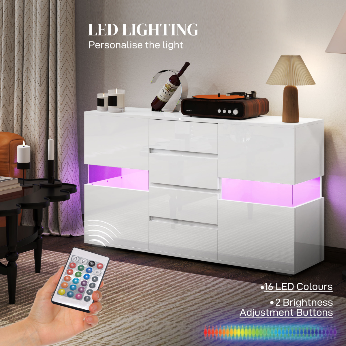 HOMCOM LED High Gloss Sideboard with 4 Drawers & 2 Side Cupboards – Living & Dining Room Storage, White