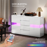 HOMCOM LED High Gloss Sideboard with 4 Drawers & 2 Side Cupboards – Living & Dining Room Storage, White