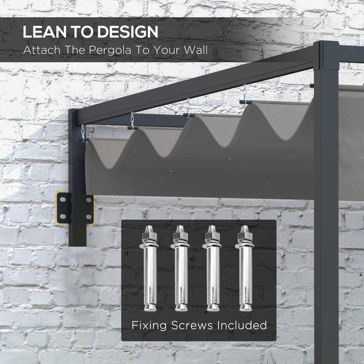 Outsunny 3x4m Wall Mounted Pergola with Retractable Canopy – UV-Resistant Sun Shade, Dark Grey