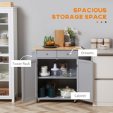 Rolling Kitchen Cart with Rubberwood Top, Towel Rack, Hooks, Drawers & Open Shelf – Grey