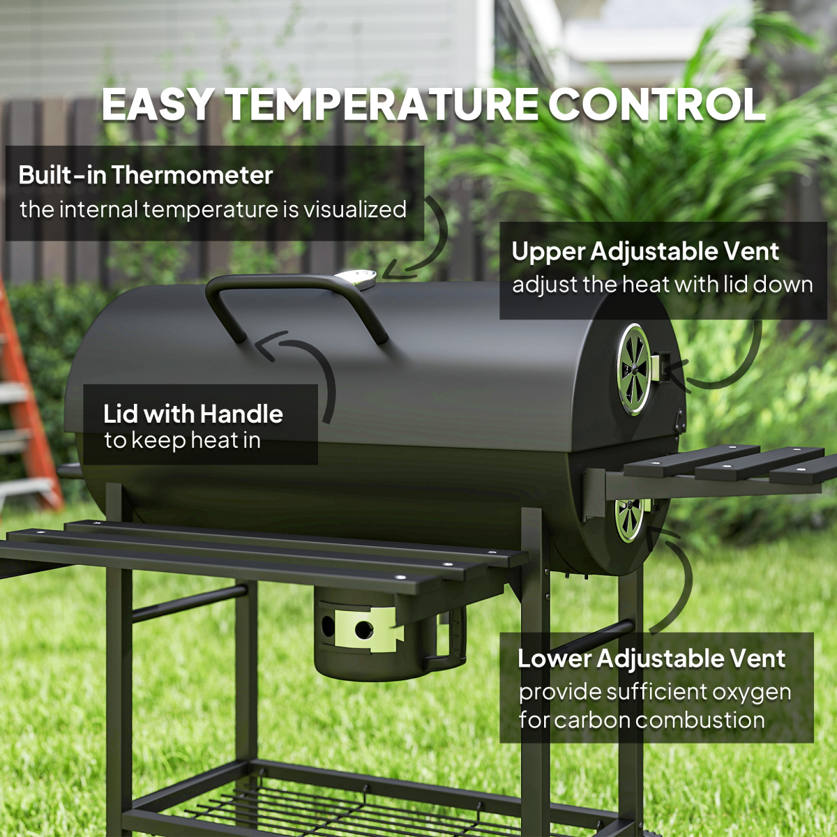 Outsunny Charcoal BBQ Grill with Warming Rack, Thermometer and Foldable Side Tables on Wheels – Garden Barbecue, Black
