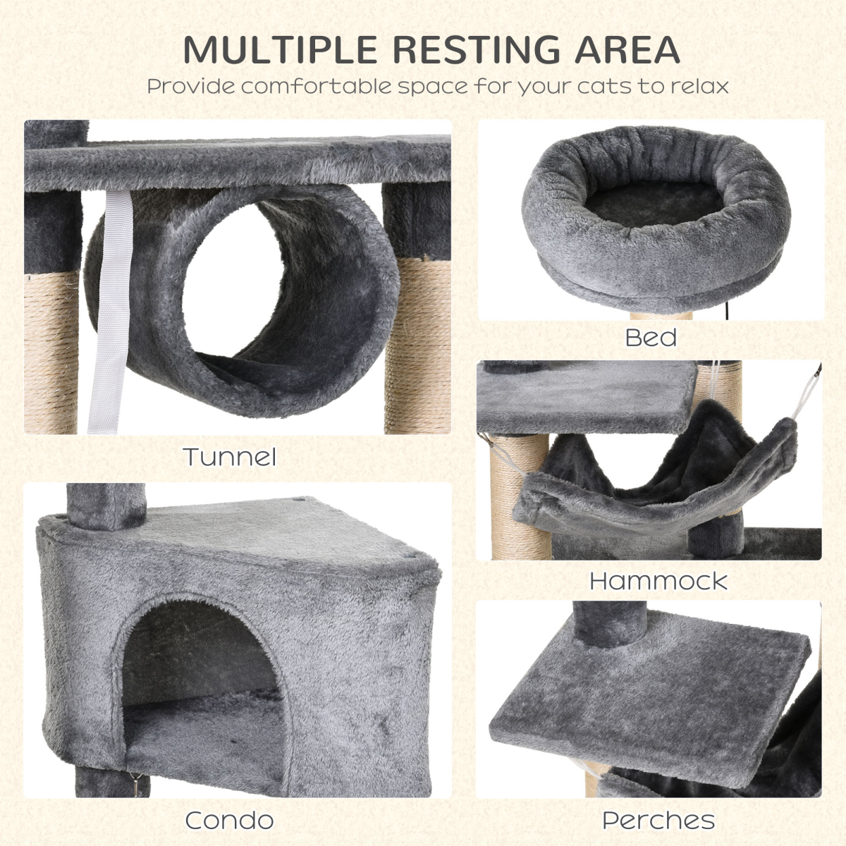 Pawhut 150cm Cat Tree with Condo, Side Bed and Sisal Scratching Posts – Multi-Platform Kitten Activity Tower