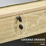 Computer Writing Desk with 5 Drawers & Lockable Drawer – Oak Home Office Desk with Open Shelf