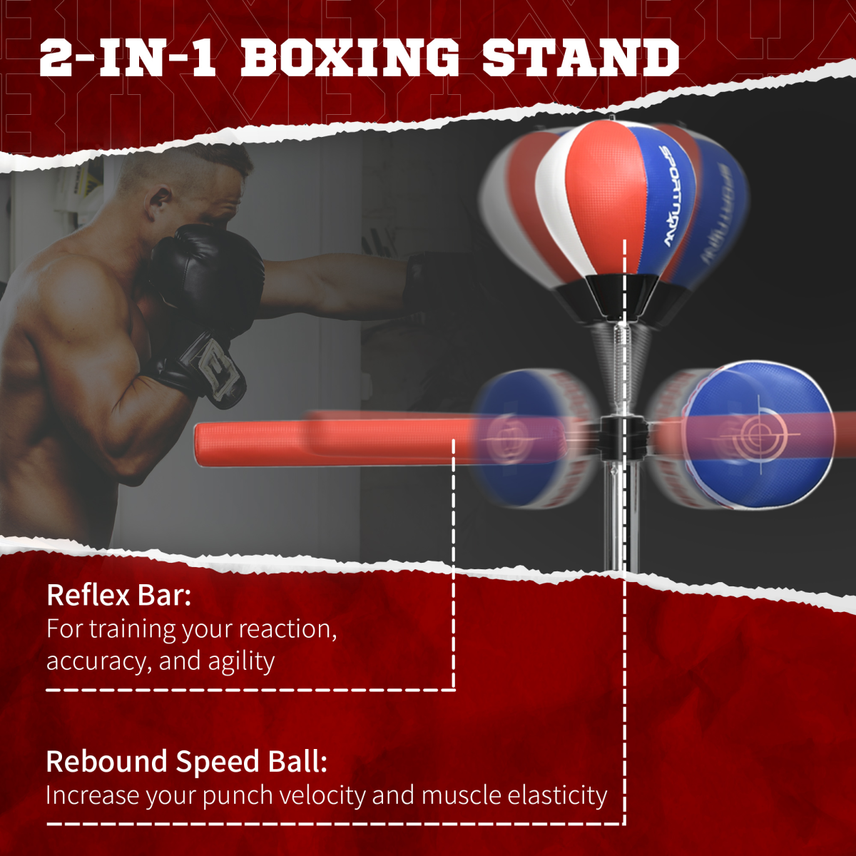 SPORTNOW Freestanding Speed Bag with Reflex Bar & Punch Pad, Height Adjustable 163–205cm – Boxing Trainer