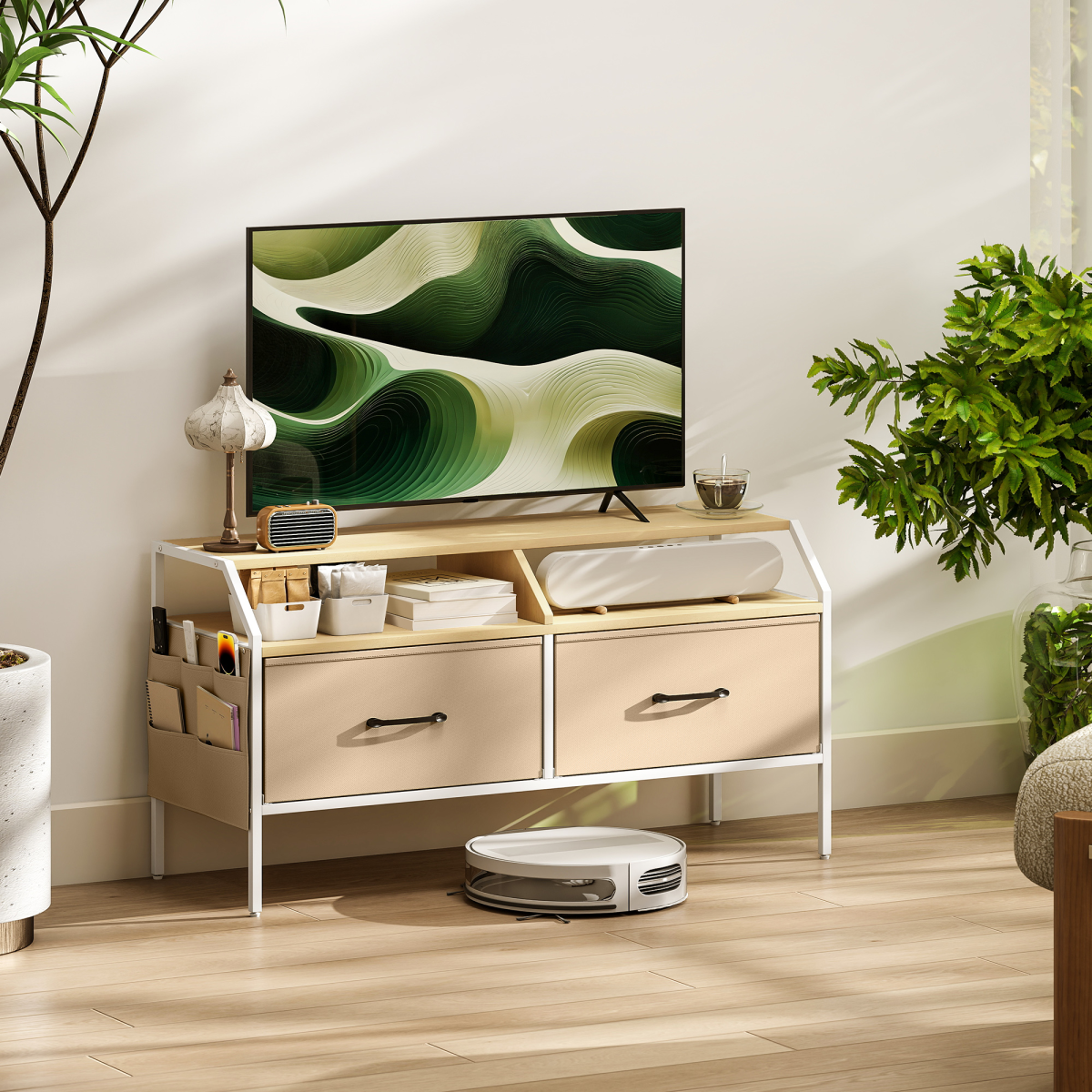 Industrial TV Stand with 2 Fabric Drawers & Side Pockets for TVs up to 55 in – Entertainment Storage, Natural Wood