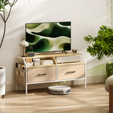 Industrial TV Stand with 2 Fabric Drawers & Side Pockets for TVs up to 55 in – Entertainment Storage, Natural Wood