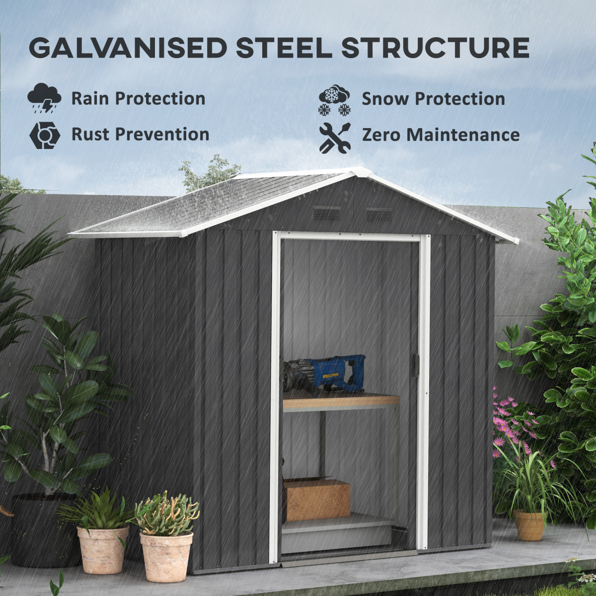 Outsunny 6.5 x 3.5ft Galvanised Steel Garden Shed with Double Sliding Doors and Vents – Outdoor Storage, Dark Grey