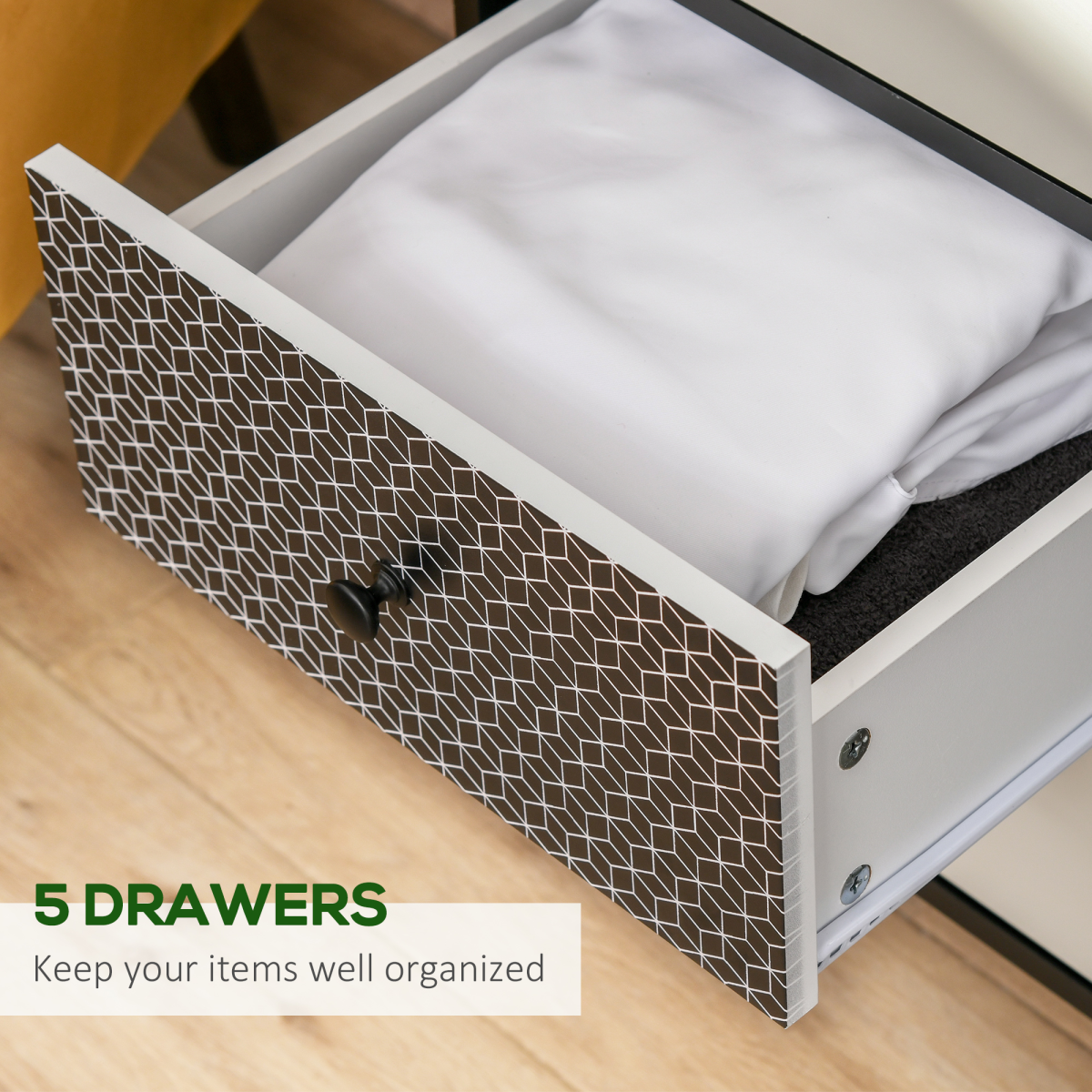 Geometric Print 5-Drawer Wooden Chest of Drawers with Anti-Tip Fitting – Bedroom Storage