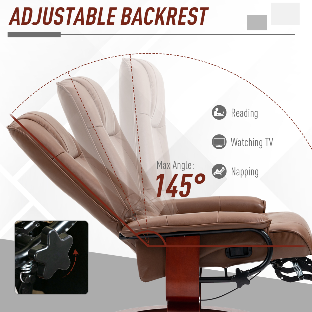 HOMCOM Office Recliner Chair with 145° Reclining Back, Manual Footrest & 360° Swivel – PU Leather, Brown