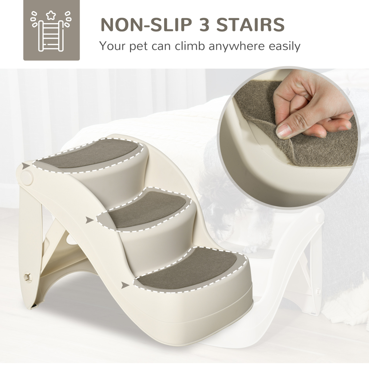 Pawhut Portable 3-Step Dog Stairs with Non-Slip Feet & Carpeted Steps – Pet Steps for Beds & Sofas, Cream