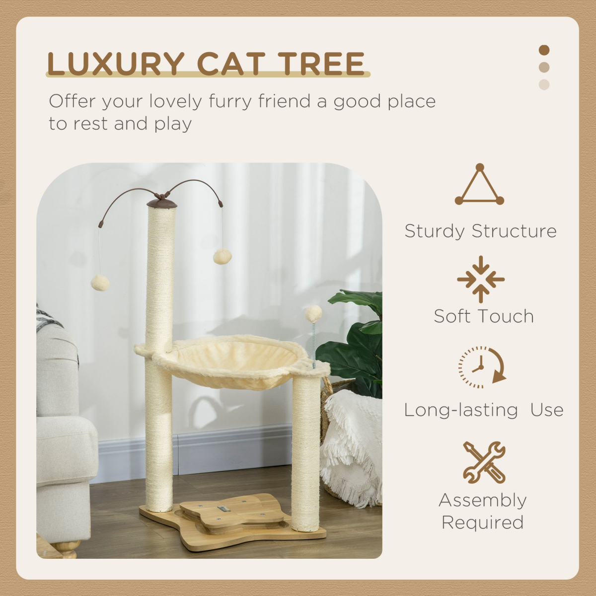 PawHut Cat Tree for Indoor Cats with Sisal Scratching Posts, Hammock & Toy Ball – Beige, 90cm