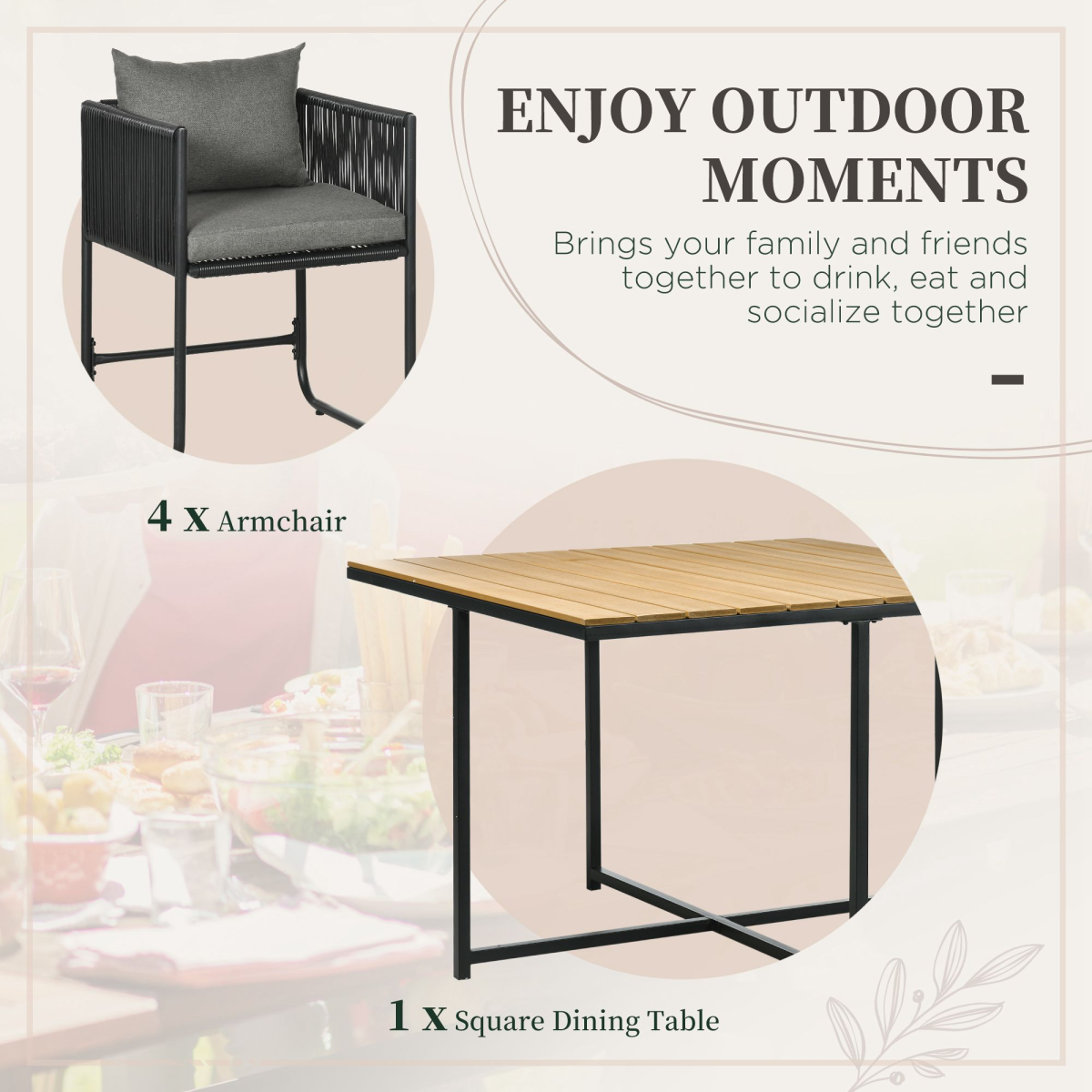 Outsunny 5 Piece Rattan Dining Set with 4 Armchairs & Wood-Effect Table – Space-Saving Cube Garden Furniture