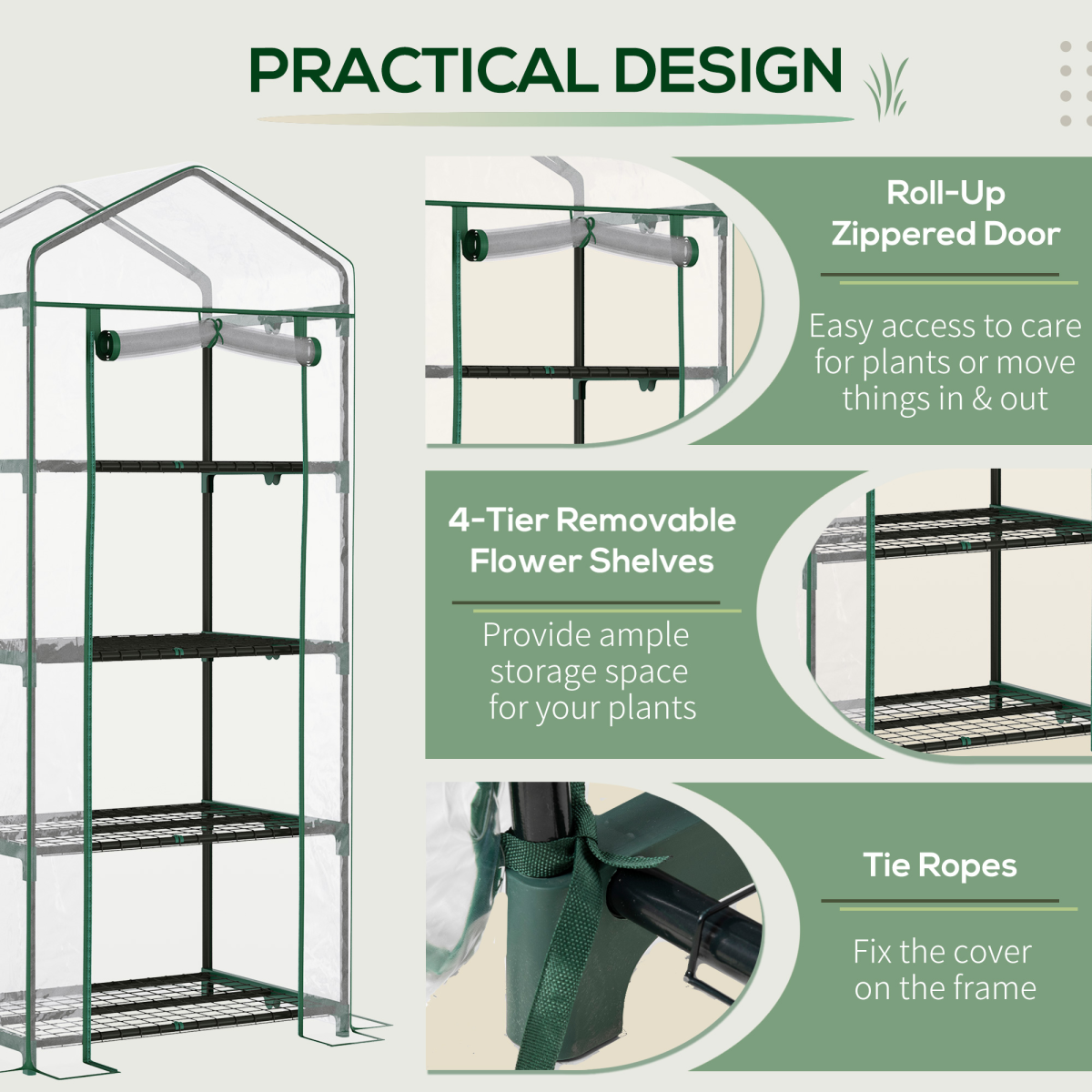 Mini Greenhouse with 4 Shelves, Steel Frame & Roll-Up Zipped PVC Cover – 70 x 50 x 160cm Grow House, Dark Green