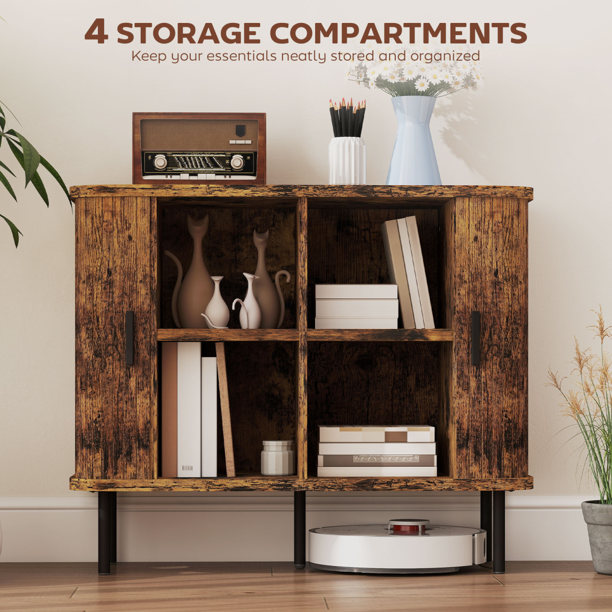 Mid-Century Sideboard with Slatted Tambour Sliding Doors – Kitchen & Hallway Storage Cabinet, Rustic Brown
