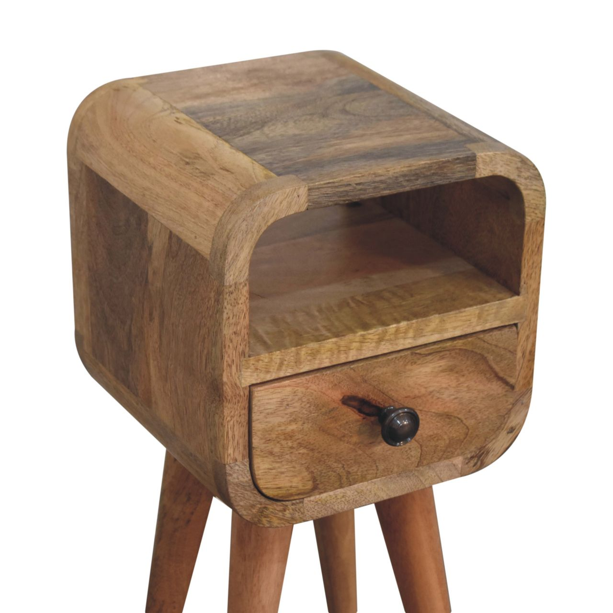 Artisan Furniture Solid Wood Extra Mini Curve Bedside Table, 1 Drawer and Open Slot – Compact Storage, Brown