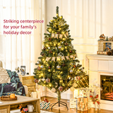 HOMCOM Artificial Christmas Tree with LED Lights, Baubles and Banner – Auto Open Branches, Steel Base