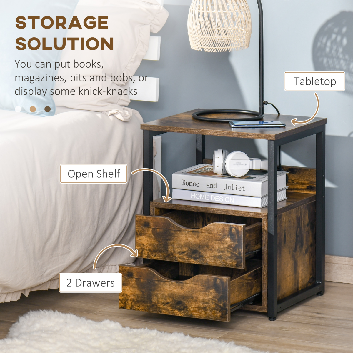 HOMCOM Industrial End Table with Two Drawers & Shelf, Metal Frame – Slim Bedside Storage Cabinet, Rustic Brown
