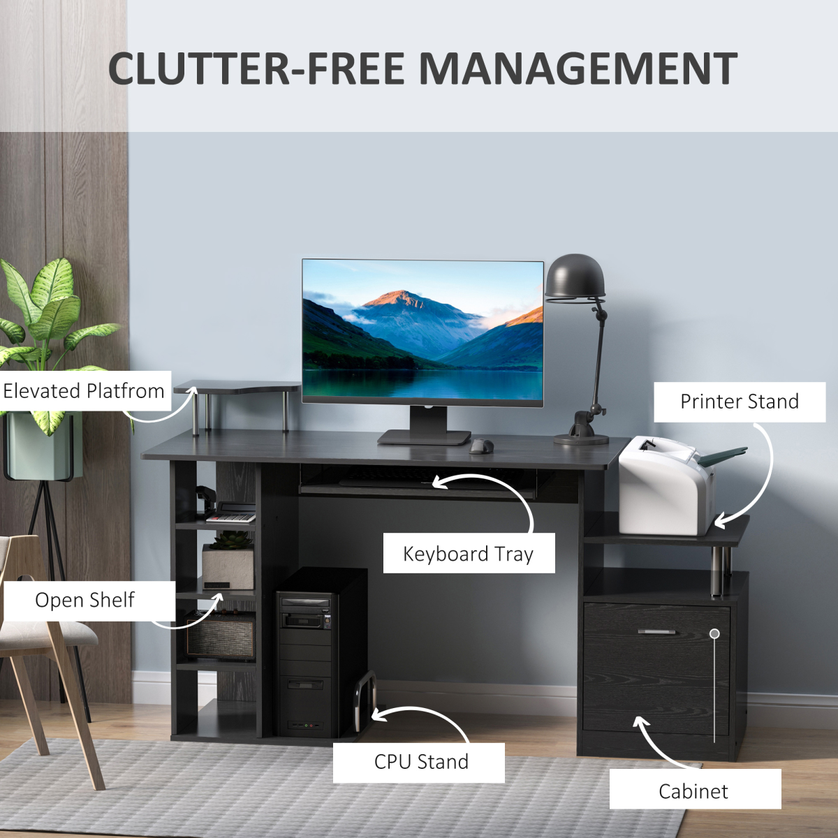HOMCOM Wooden Computer Desk with Pull-Out Keyboard Tray, Storage Drawer & Printer Shelf