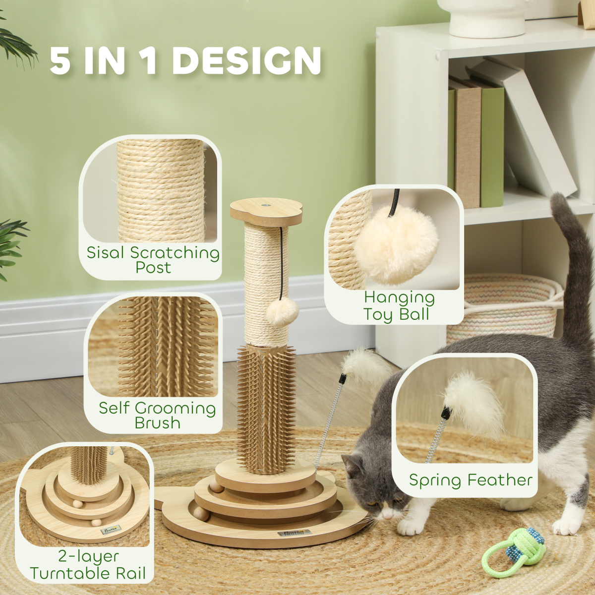 PawHut 49cm 5-in-1 Cat Scratching Post with Interactive Track Ball Turntable – Indoor Cat Tower, Oak & Cream White