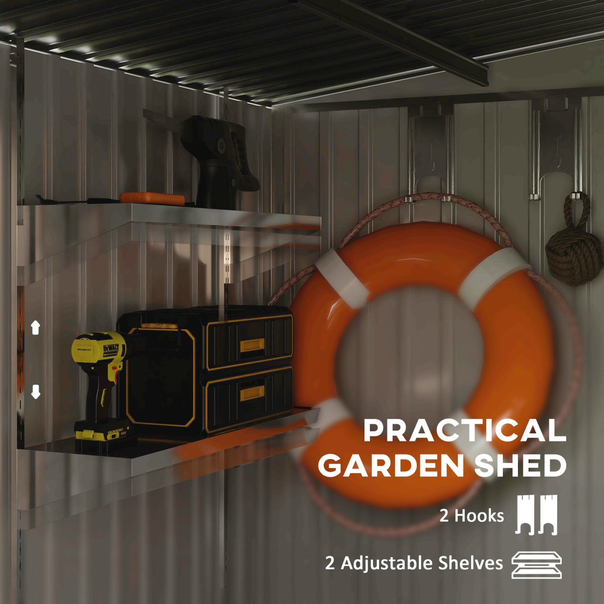 Outsunny 7 x 5ft Lean-To Galvanised Steel Garden Shed with Foundation & Sliding Door – Tool Storage, Green
