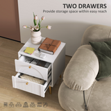 HOMCOM Set of 2 Bedside Tables with 2 Drawers – Arched Embossed Design with Gold Tone Pulls, White