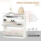 HOMCOM High Gloss Shoe Cabinet with Flip Doors, Drawer & Glass Top – Slim Hallway Storage, White