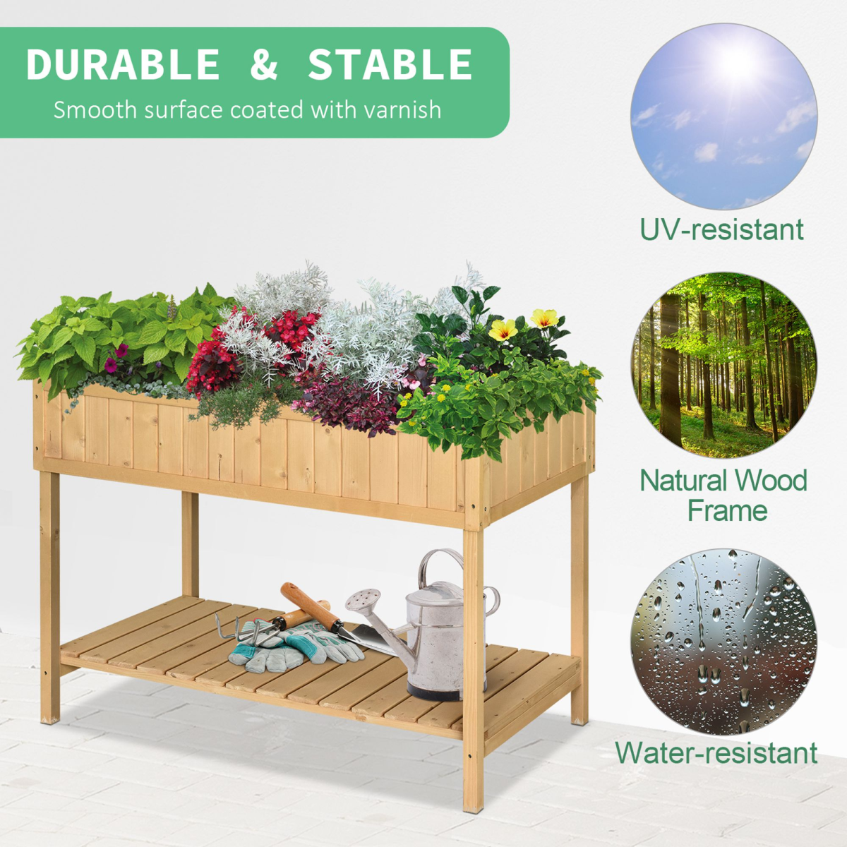 Outsunny Raised Wooden Planter with 8 Compartments & Storage Shelf – Fir Wood Garden Herb Bed, Oak Tone