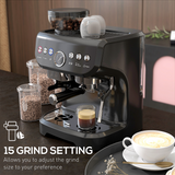 HOMCOM Espresso Coffee Machine with Integrated Bean Grinder & Steam Wand – 15 Bar Pressure, Black