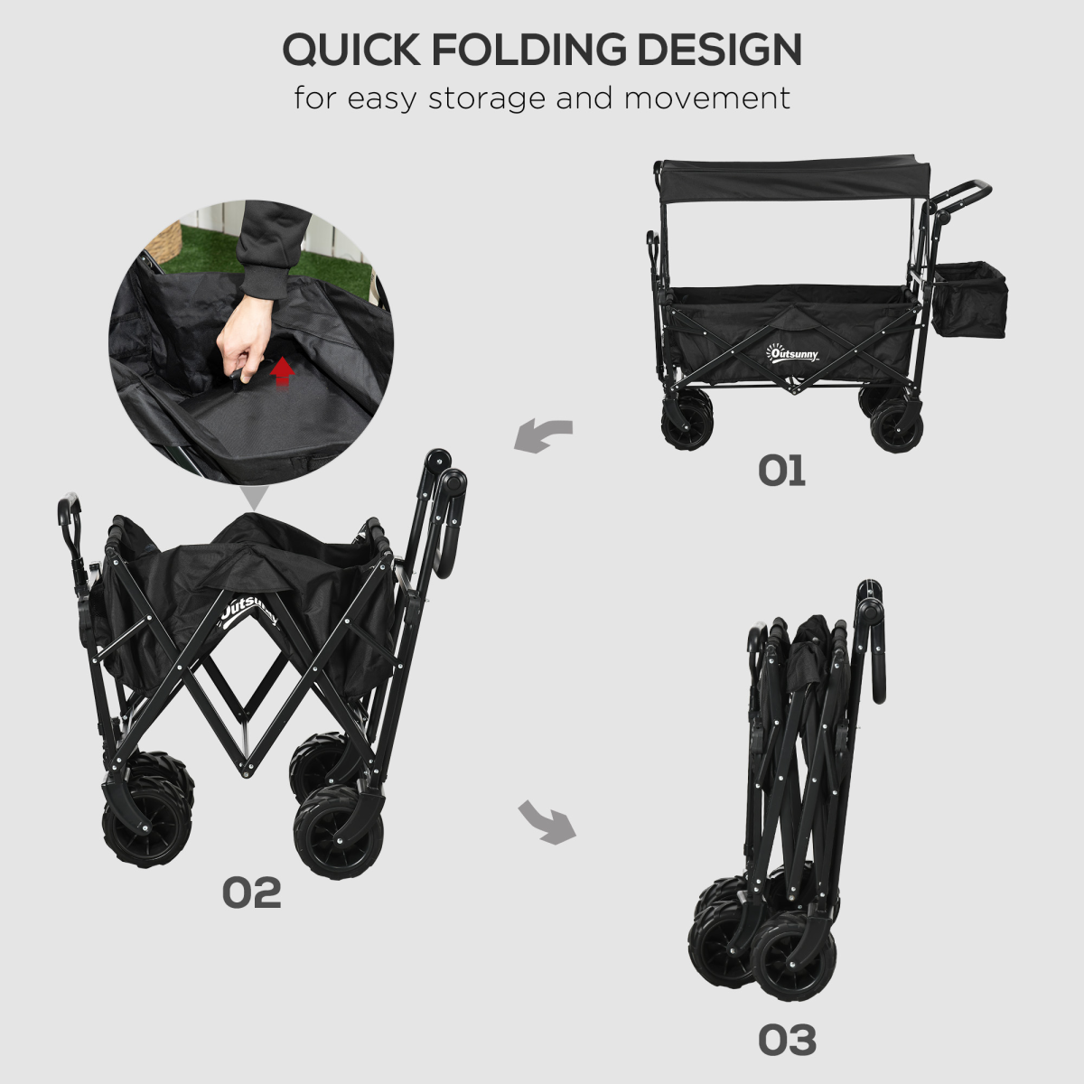 Outsunny Folding Trolley Cart with 4 Wheels, 2 Compartments and Canopy – Garden Storage Wagon, Black