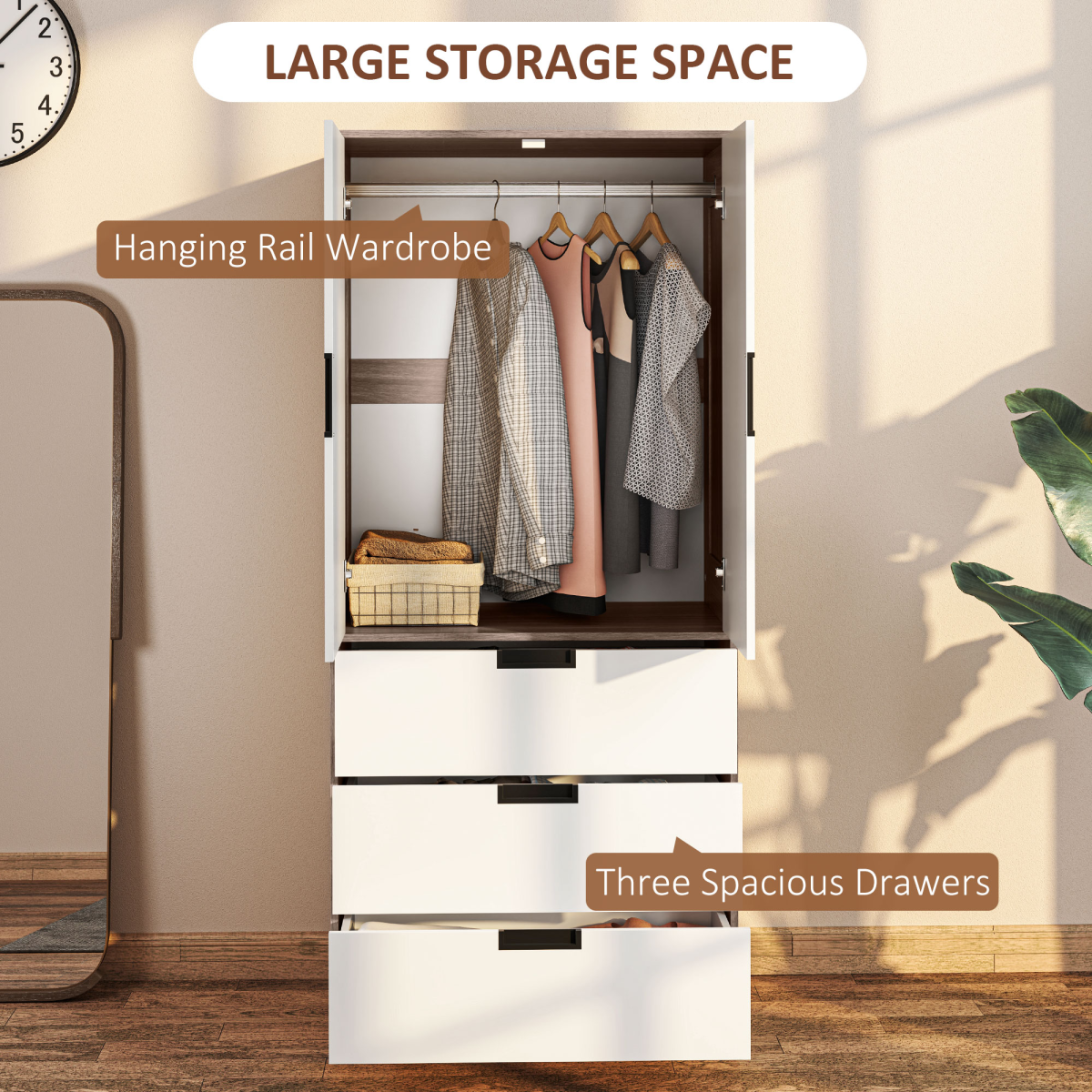 HOMCOM 2-Door Wardrobe with 3 Drawers & Hanging Rail – Bedroom Storage, Brown & White