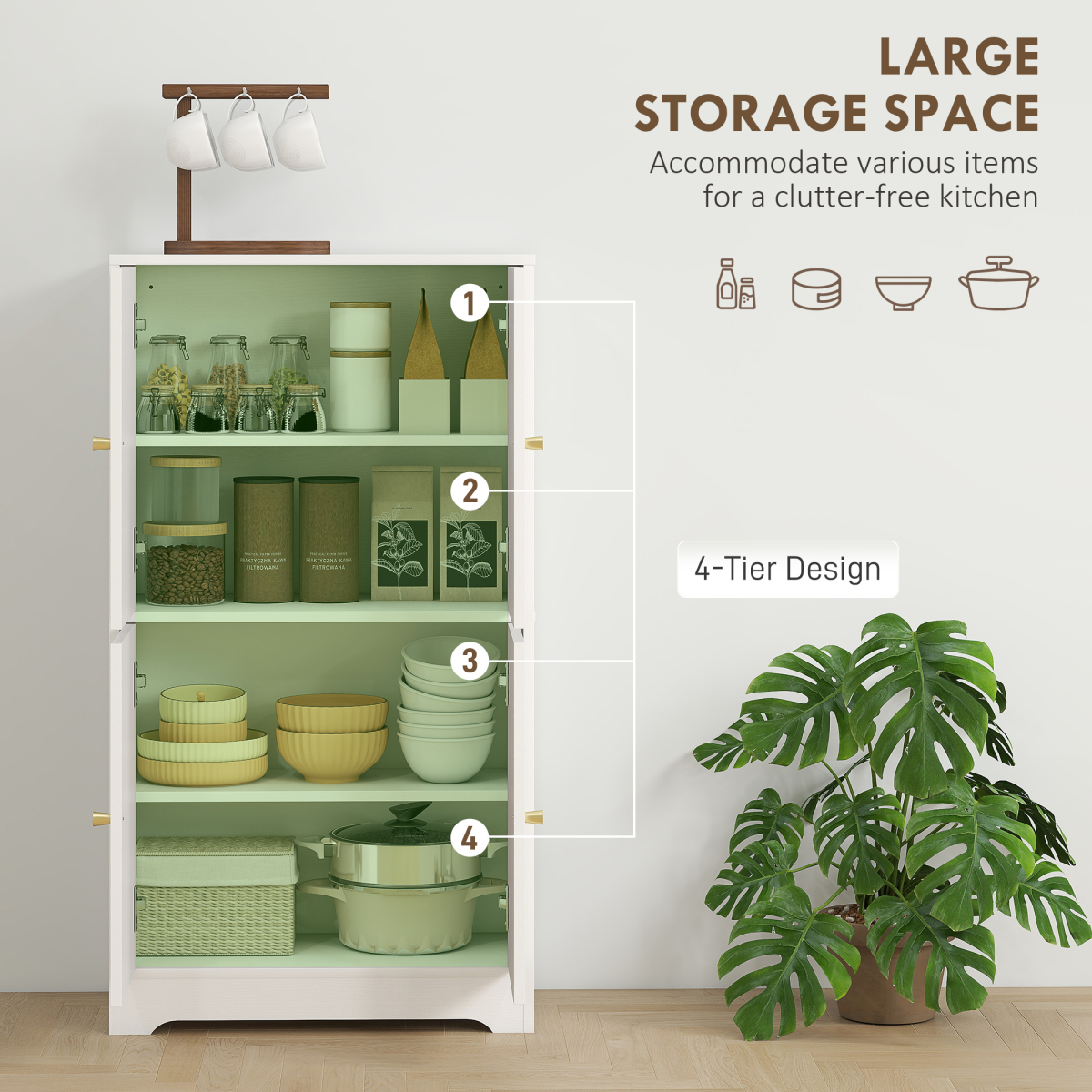 Kitchen Storage Cabinet with Arched Doors & Adjustable Shelves – Freestanding Sideboard Cupboard, White