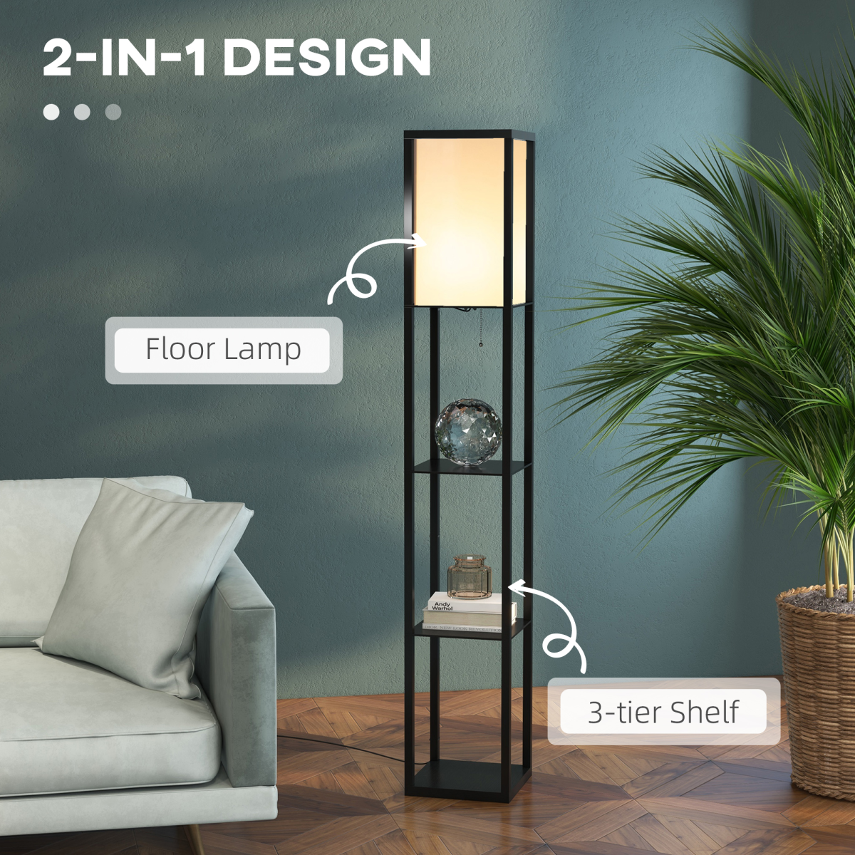 HOMCOM Shelf Floor Lamp with 4-Tier Open Shelves – Living Room & Bedroom Lighting, 160cm, Black & White