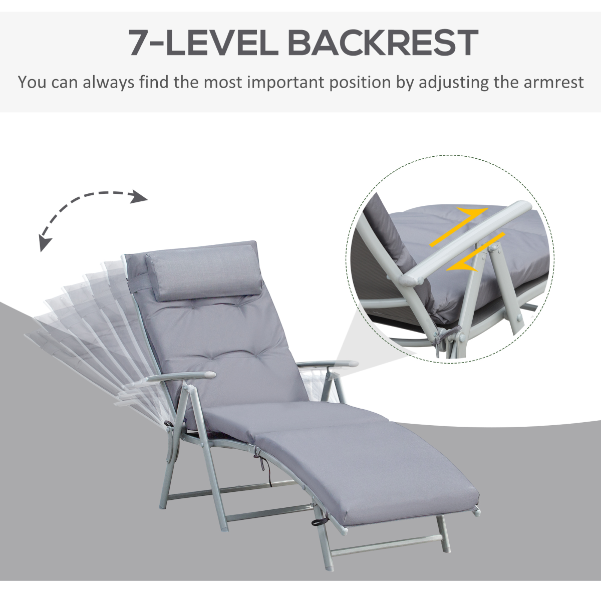 Outsunny Padded Sun Lounger with Pillow, 7-Position Adjustable Backrest & Steel Frame – Foldable Garden Recliner, Grey
